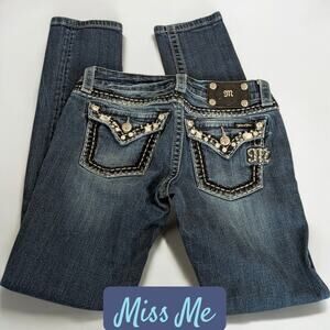 MISS ME Skinny Jeans with Y2K Rhinestone Embellished Pockets Denim Women's 28